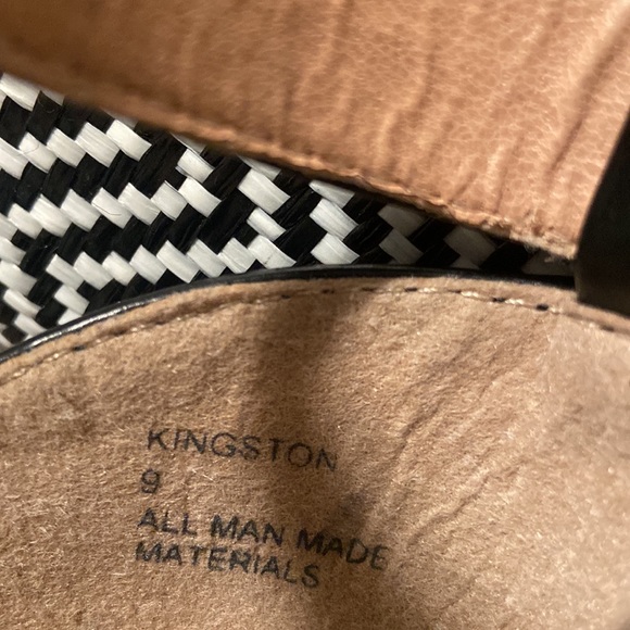 JustFab Kingston Black and White Chevron Raffia Ankle Strap Wedges - Picture 7 of 7